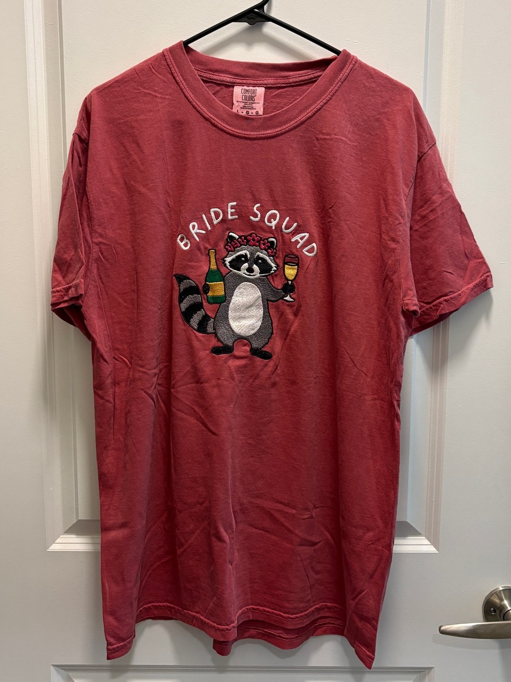 Raccoon Bride Squad Embroidered Comfort Colors Crimson Crewneck T‑Shirt